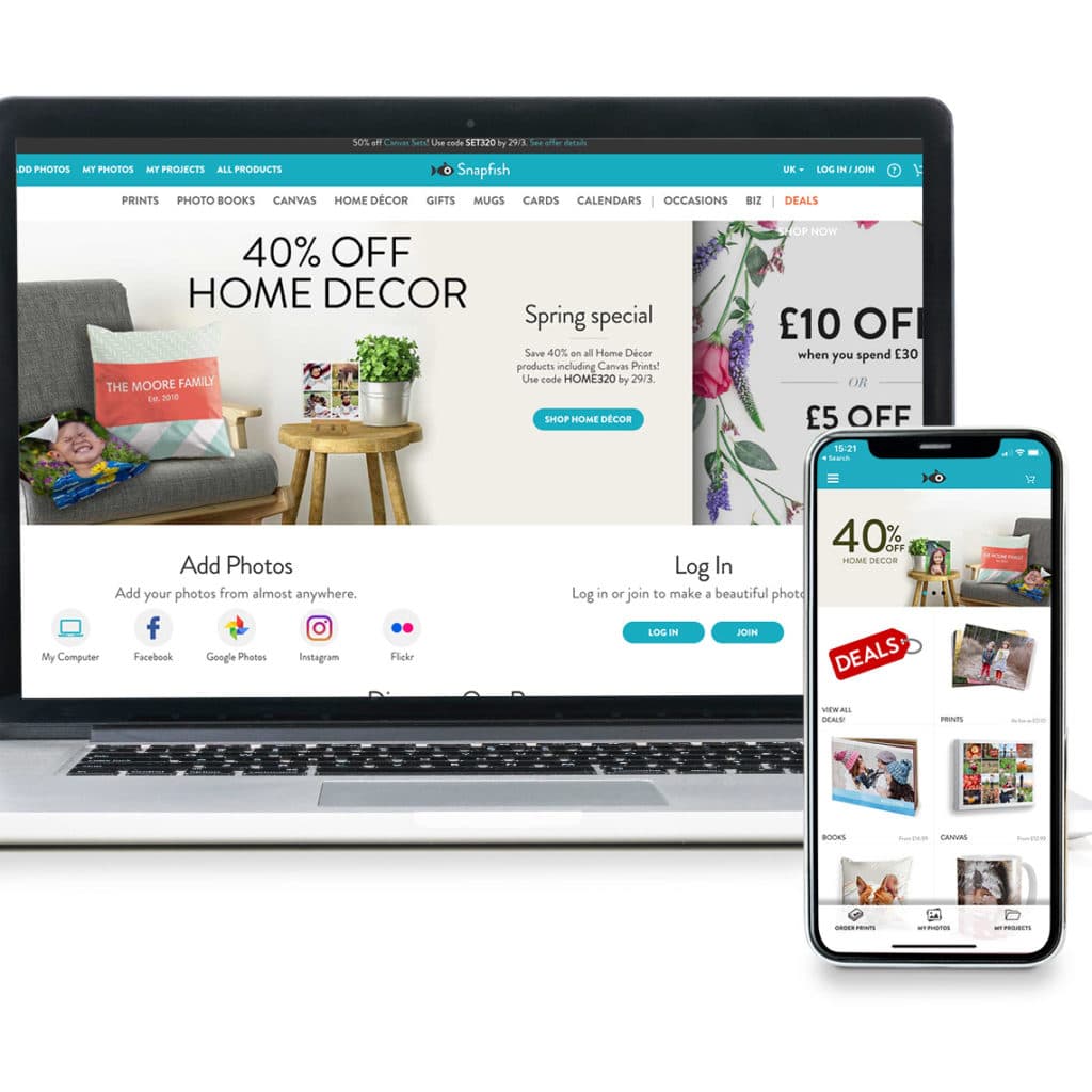 Snapfish website on laptop and phone screens
