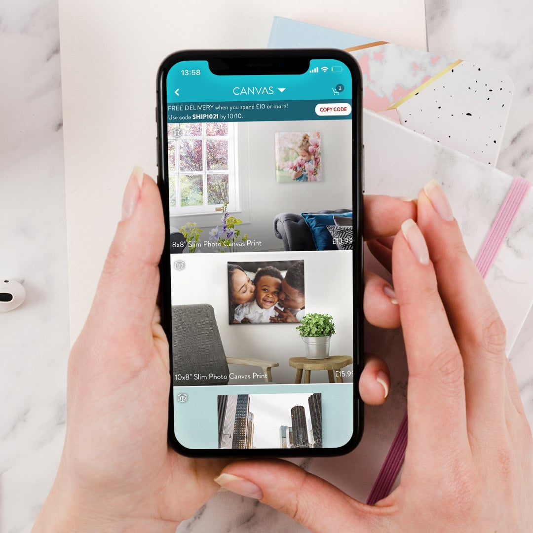 canvas sizes offer on Snapfish app shown on a phone