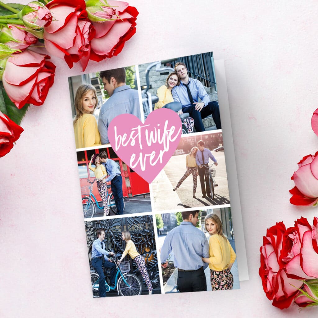 'Best wife ever' Valentine's day photo card design shown on a table surface with beautiful red roses 