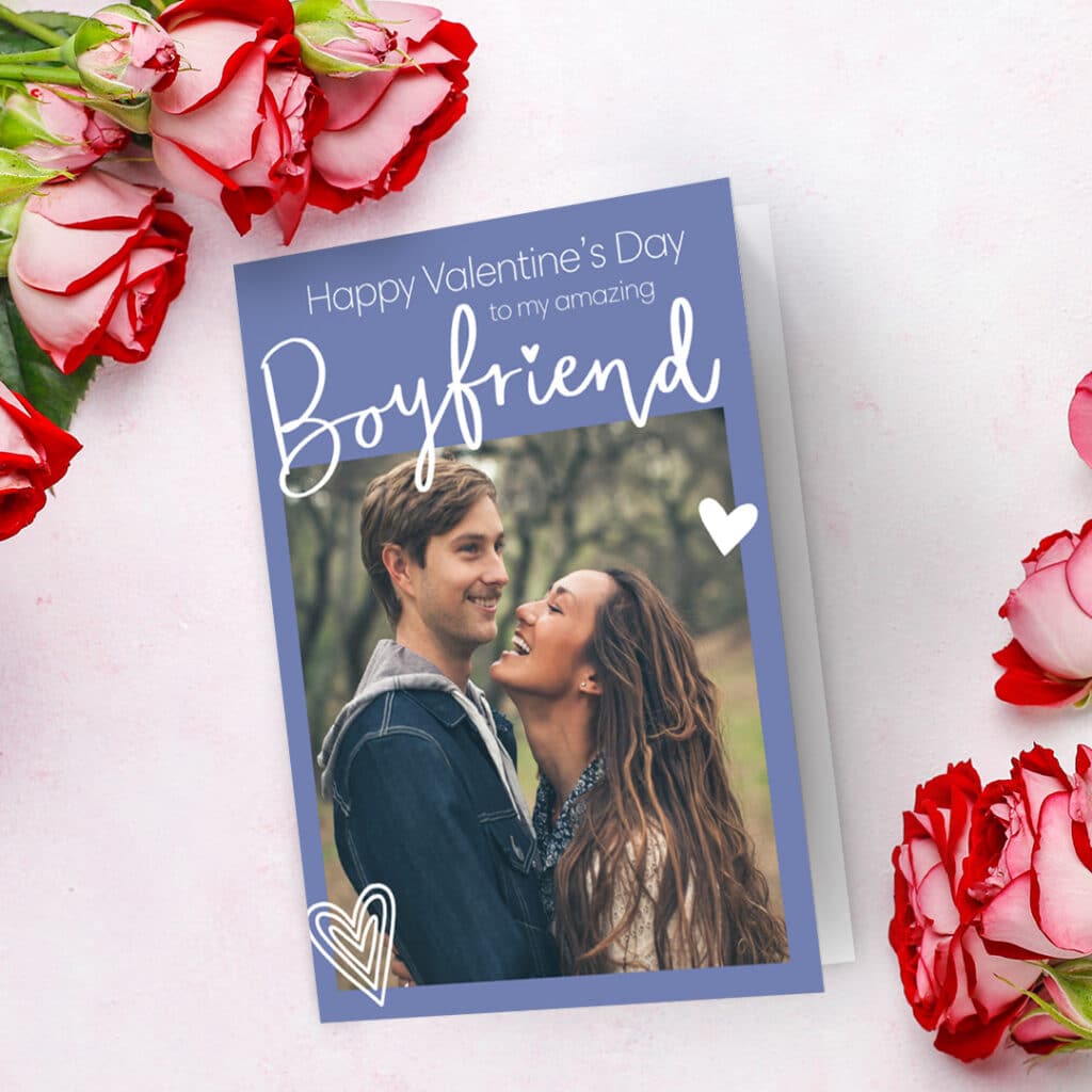 a purple 'Happy Valentine's Day to my amazing boyfriend' photo card design