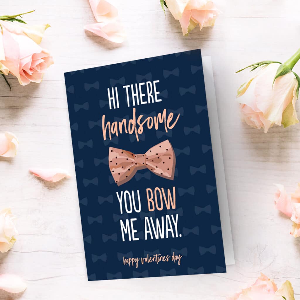 'Hi there handsome' no photo Valentine's day card design with a blue bow tie on it