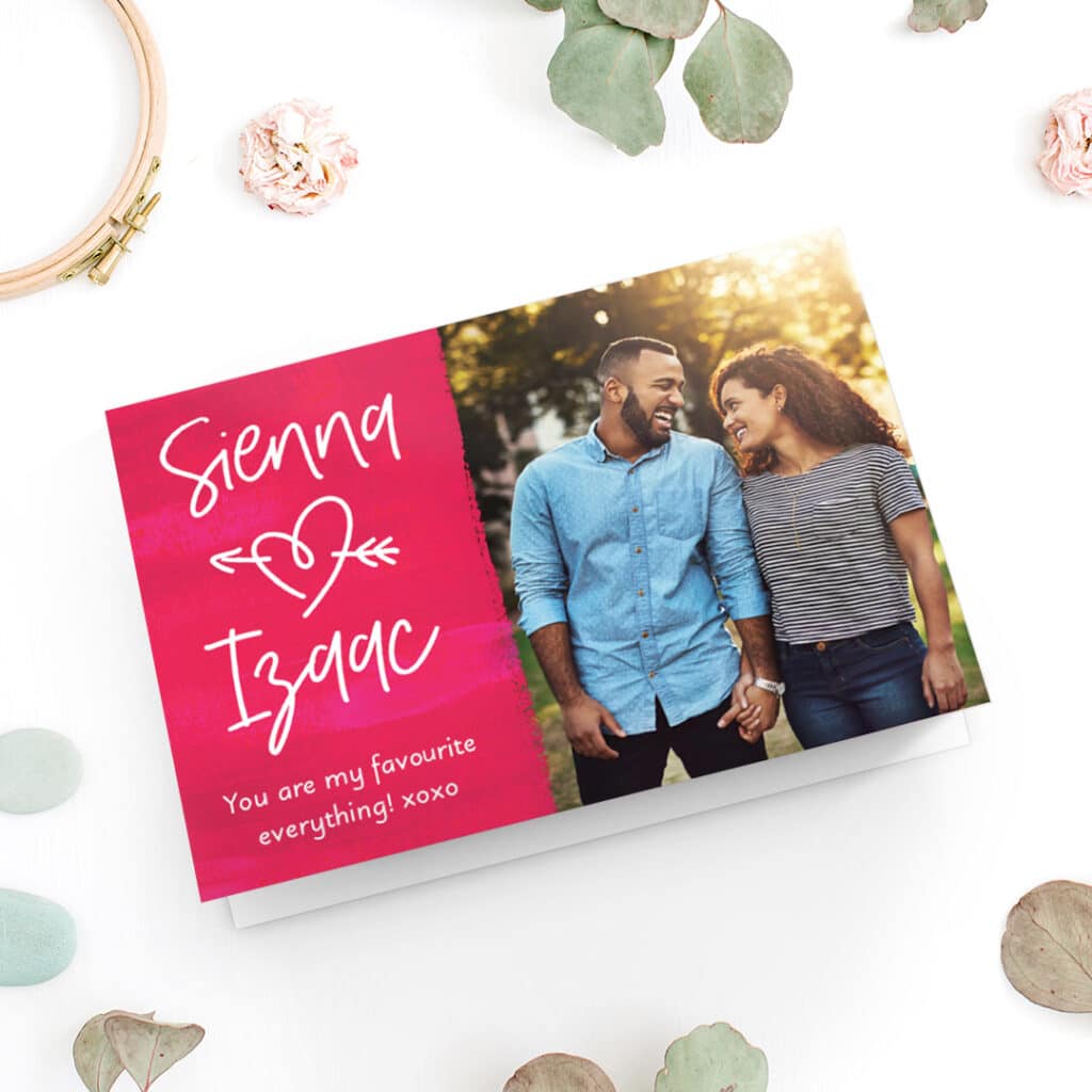 'You are my favourite everything' Valentine's day card design with a photo of a lovely couple holding hands