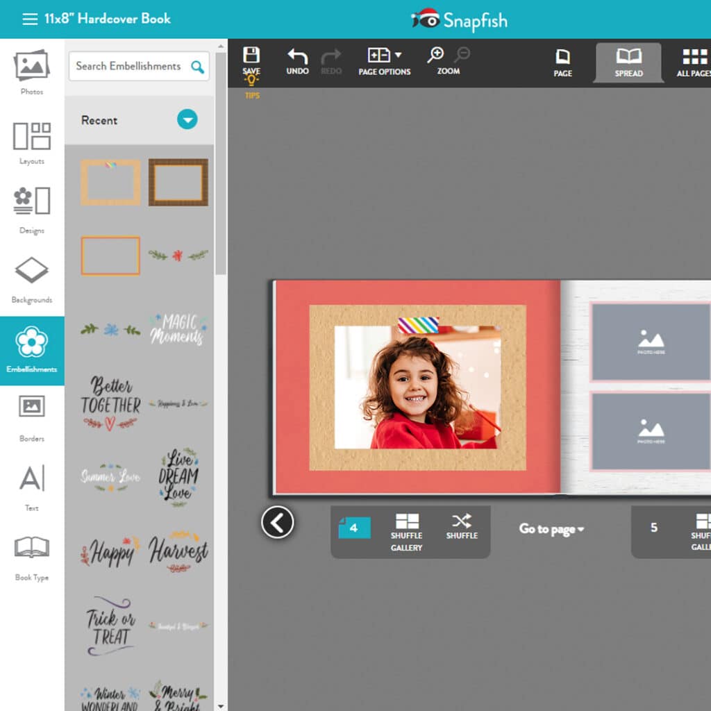 adding embellishments and frames to your photos when creating a photo book