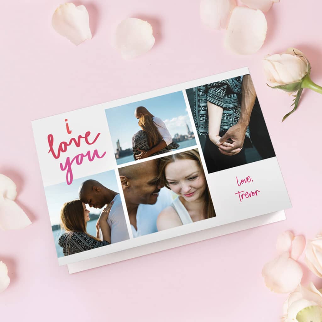 A lovely I love you collage Valentine's day card shown on a pink surface with rose petals