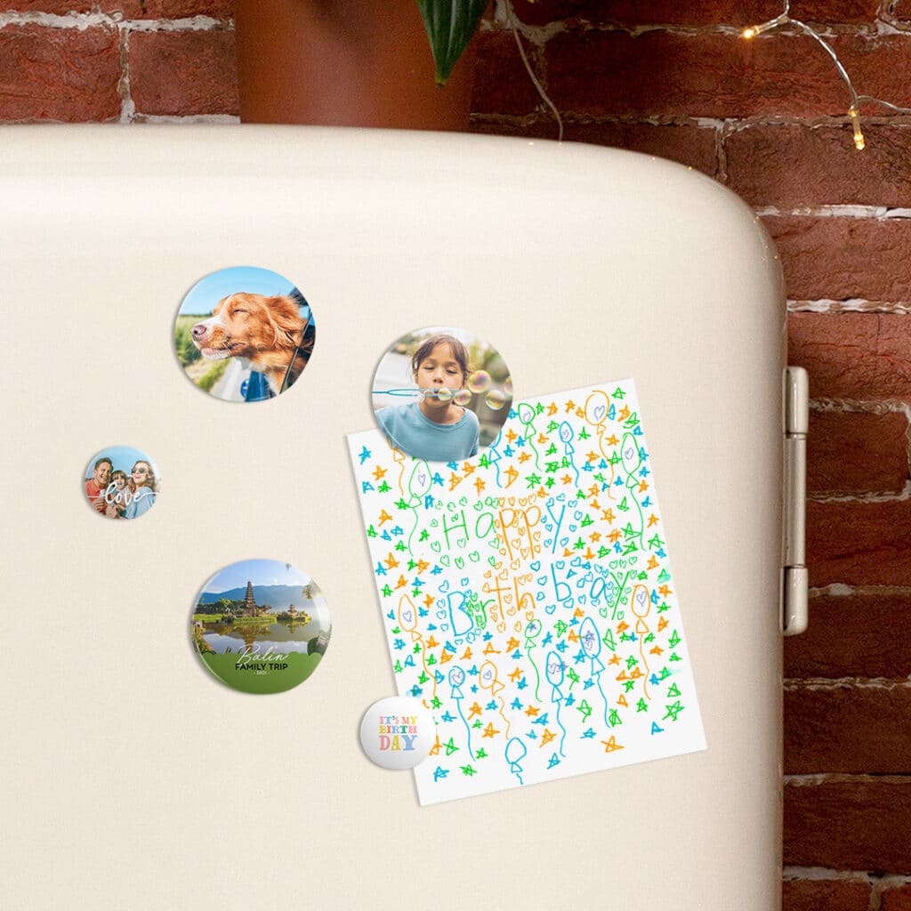 Button Badge Magnet on Fridge Door