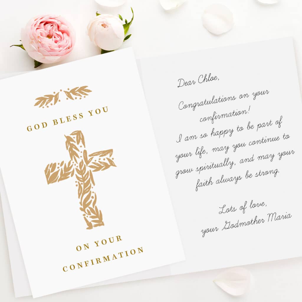 Print custom Confirmation messages in a personalised greeting card made with snapfish.uk.com