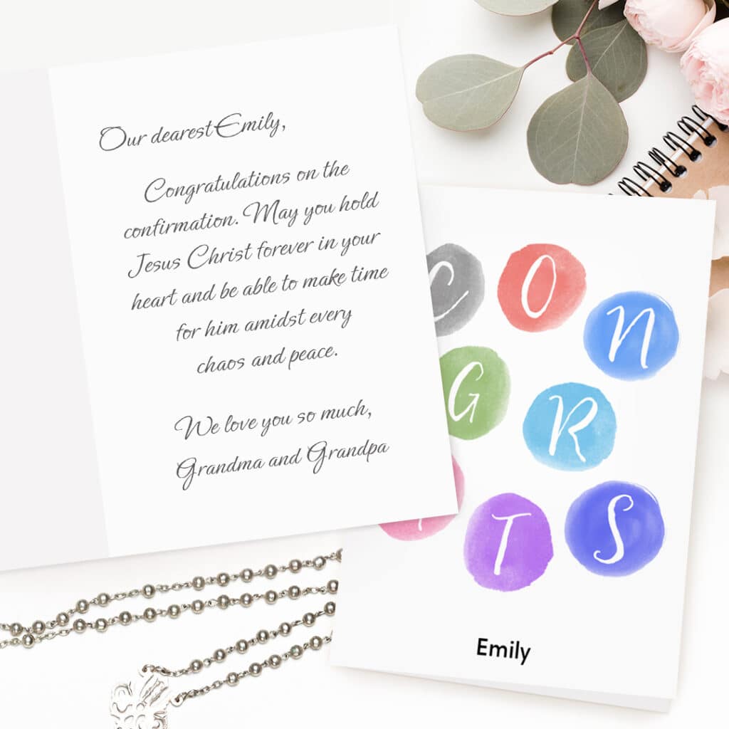 Print custom Confirmation messages in a personalised greeting card made with snapfish.uk.com