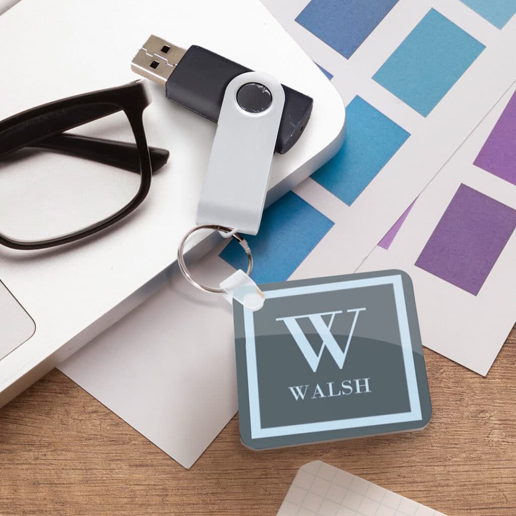 usb flash drive attached to a square slimline keyring