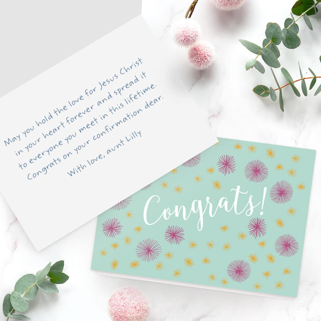 Print custom Confirmation messages in a personalised greeting card made with snapfish.uk.com