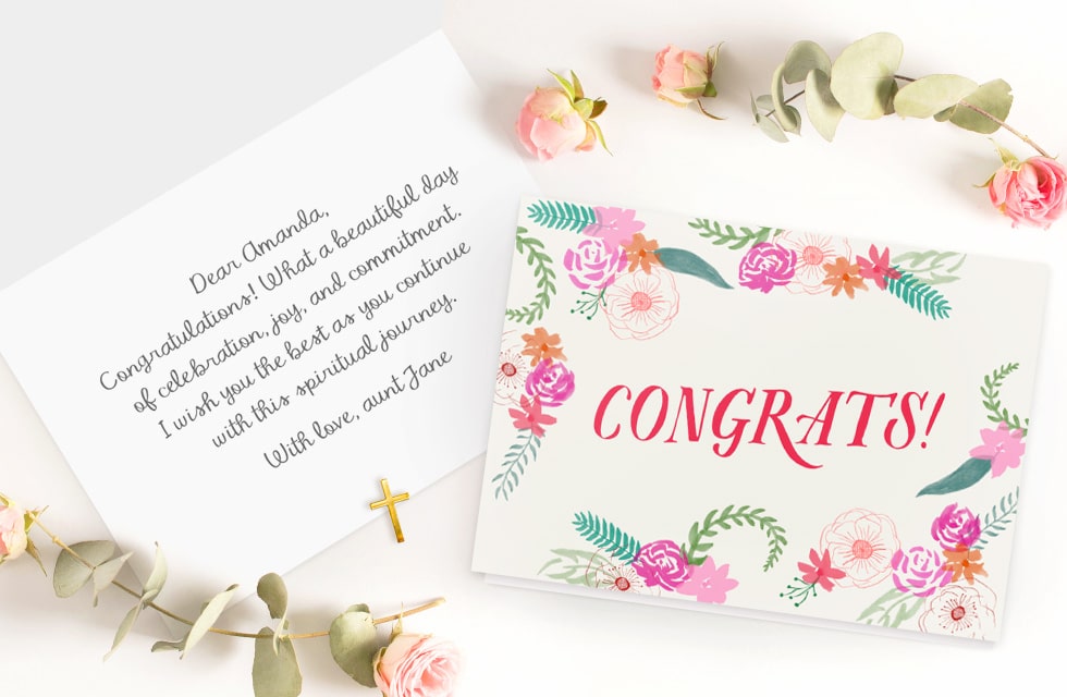 Print custom Confirmation messages in a personalised greeting card made with snapfish.uk.com