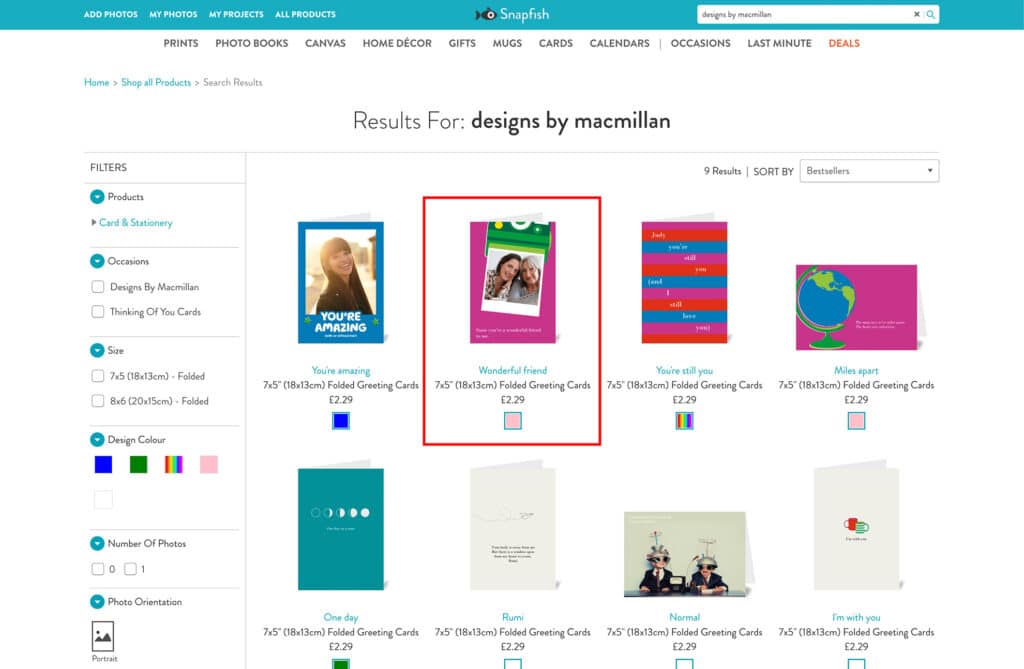 Snapfish + Macmillan are working in partnership to raise vital funds. For every greeting card or flat card set sold, Macmillan receive up to 15p for every card bought.