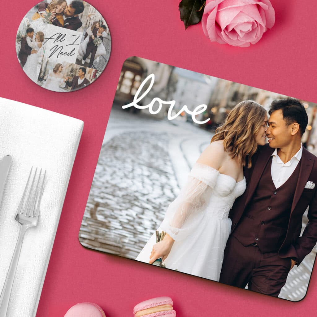 Placemat and a stone coaster on a dinner table