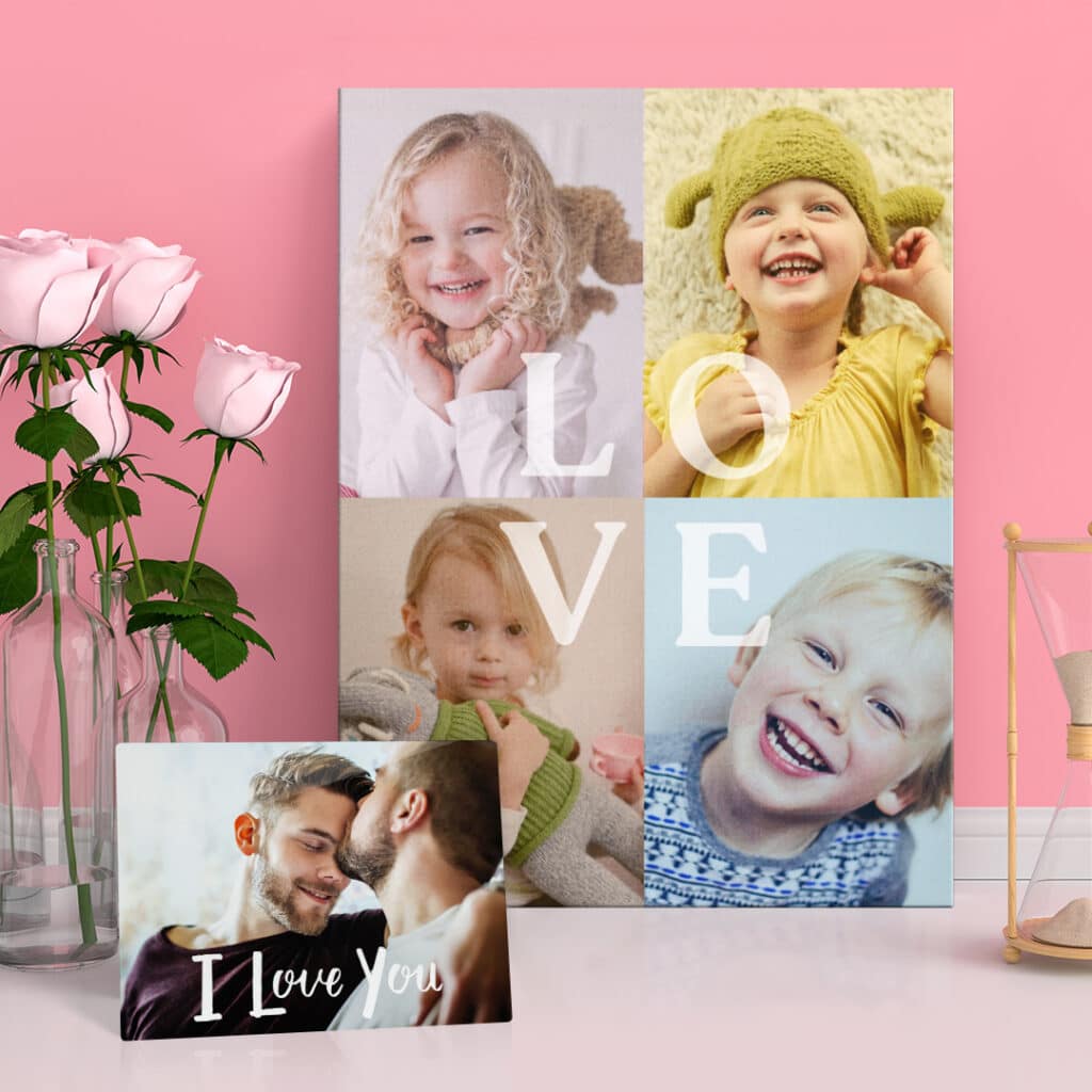 Canvas print propped up against the wall with a metal print in front