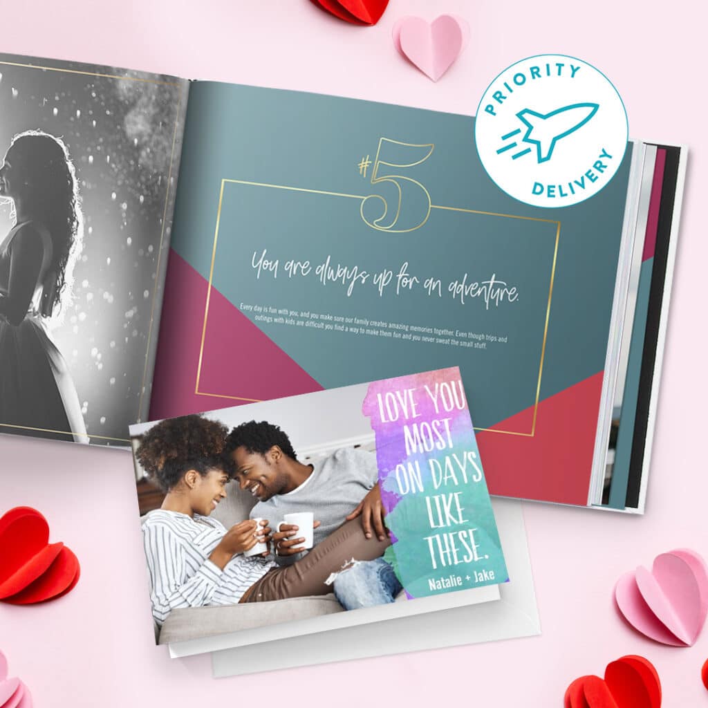 Selection of photo gifts laid out on a table with heart decor