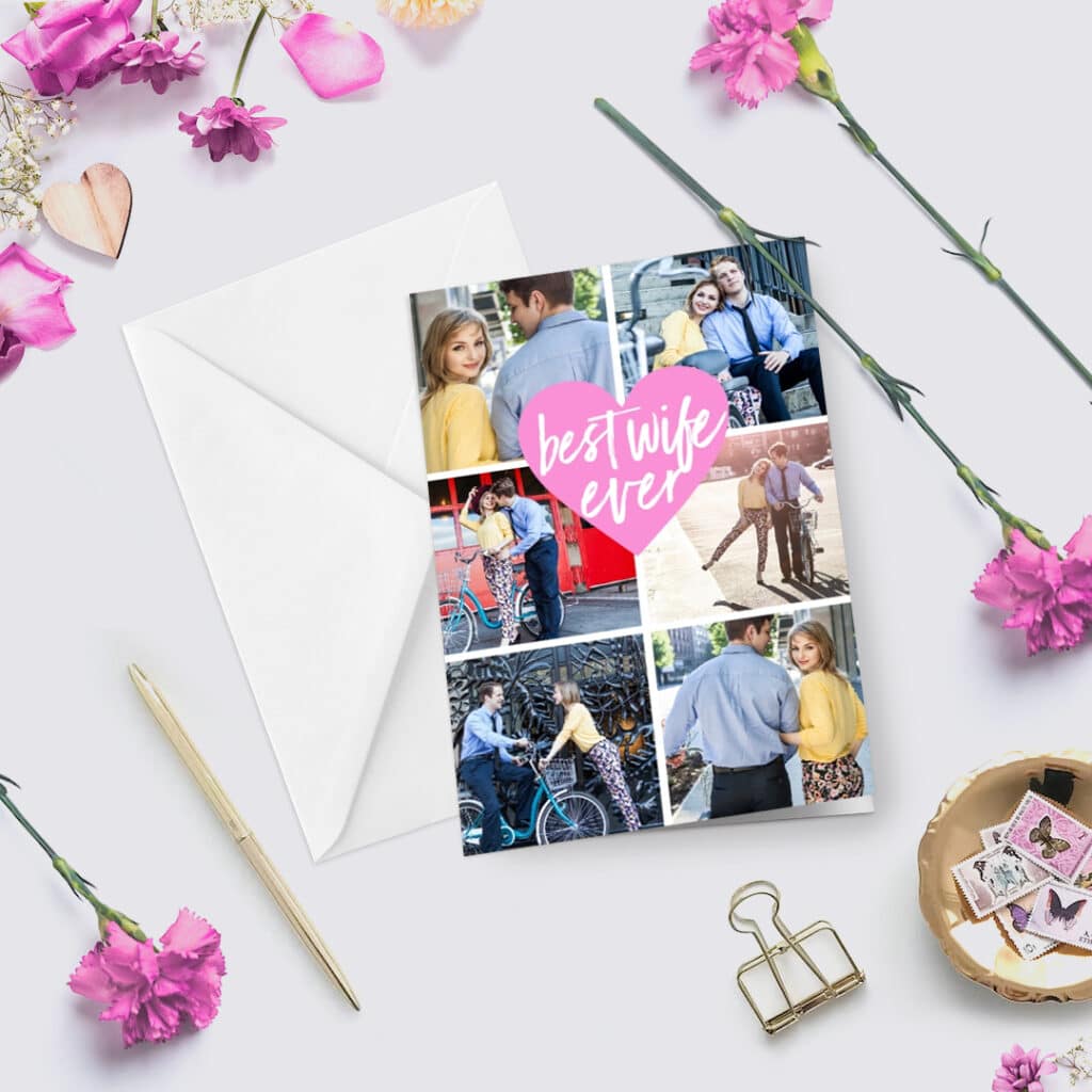 A greeting card for a wife with flowers scattered around