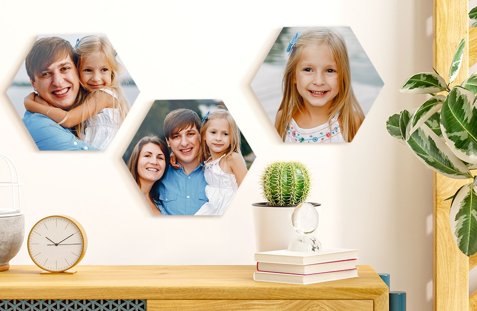 Hexagon Photo Tiles displayed on a wall