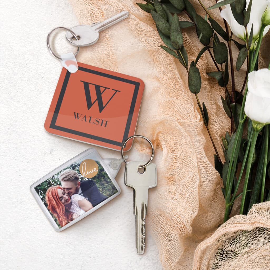 A pair of keyrings on a table